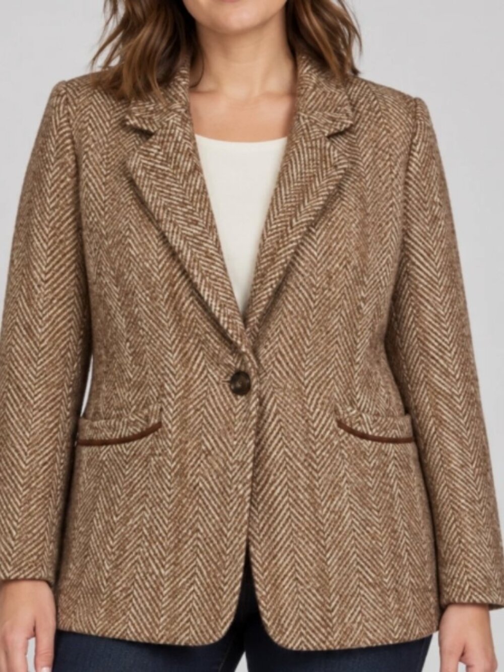 Skies Are Blue Womens Brown Herringbone Blazer Jacket Lined Button Size M NWT